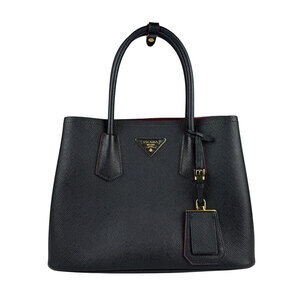 Prada Double Tote Bag black Saffiano leather red interior